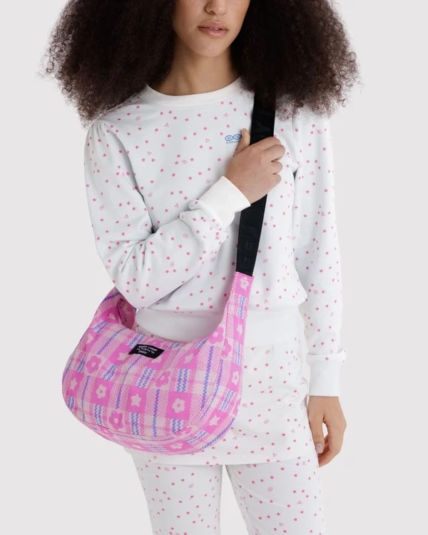 Medium Nylon Crescent Bag - Market Plaid Pink - Material: heavyweight-nylon