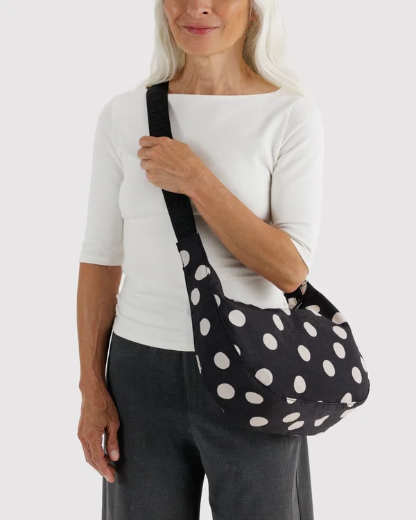 Medium Nylon Crescent Bag - Black And Cream Polka Dot - Material: heavyweight-nylon